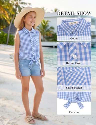 Image of Noomelfish Girls Sleeveless Button Down Shirt Tie Knot Blouse Western Cowgirl Outfit (5-12 Years)