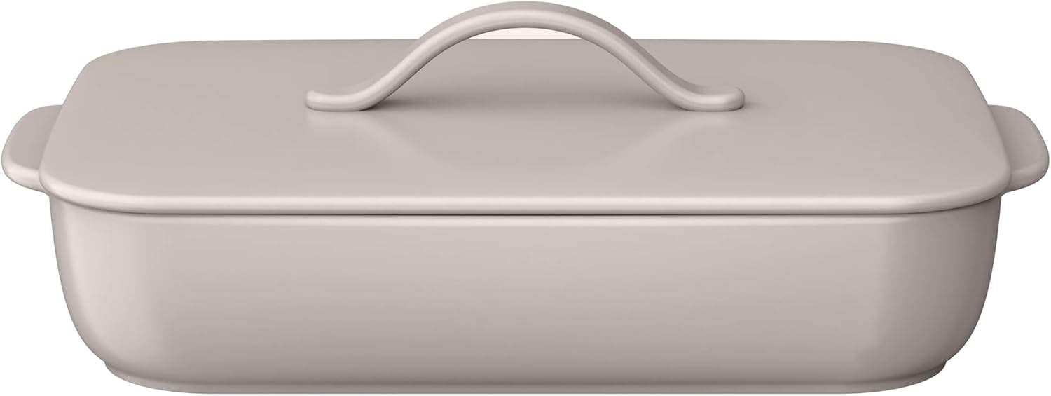 9”x13” Covered Stoneware Baking Dish, Porcini Taupe Ceramic Casserole Pan with Lid, Oven Safe Lasagna Dish for Kitchen