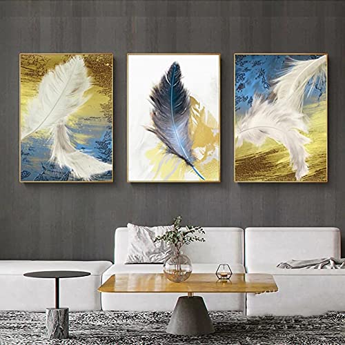 Affiche en toile moderne Golden Feather triptyque abstrait pour salon 70x100 cm - 3