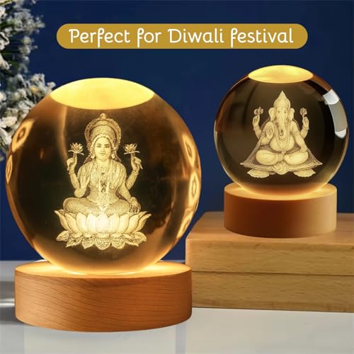 Image of One94Store Ganesh & Lakshmi 3D Crystal Night Lamp Set | USB LED Light with Wooden Base | Spiritual Home & Temple Decor | Festive Gift for Diwali, Housewarming & Puja (Combo)
