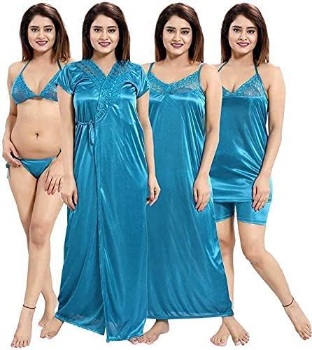 phkmall Women's Satin Nighty Set (Set of 6) Blue Color-picture-49
