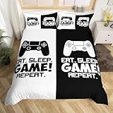 Juego de ropa de cama, funda de edredón con estampado de mando de consola de videojuegos, decoración para parejas, niños y niñas, color blanco y negro, 1 funda de almohada, 2 piezas, tamaño individual