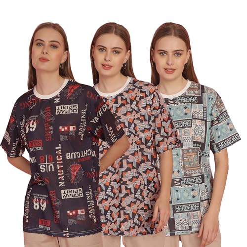 Image of Mack Jonney Printed Round Neck Cotton Regular Fit Oversize Half Sleeves Tshirt for Women(Pack of 3)-MACK631067
