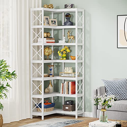 Image of Tribesigns 7-Shelf Corner Bookshelf,Large Modern Corner Bookcase, 7-Tier Tall Corner Shelf Storage Display Rack with Metal Frame for Living Room Home Office (White)
