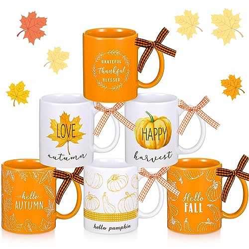 Lallisa Juego de 6 tazas de café de Acción de Gracias de 11 onzas, regalos de otoño, tazas de café de cerámica, cosecha de calabaza, hoja de arce, granja, decoraciones de otoño de Acción de Gracias