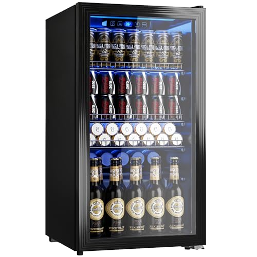 Manastin Beverage Refrigerator Cooler-130 Cans Freestanding Mini Fridge Cooler with Glass Door, Adjustable Shelves & Digital Temperature Display for Soda, Wine or Beer (Black, 3.2 Cu.Ft)