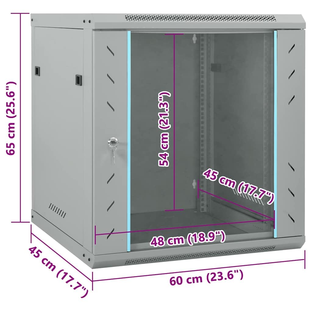 Armadietto di rete 60 x 45 x 65 cm, montaggio a parete, in acciaio, con porta in vetro, per server e apparecchiature informatiche, grigio