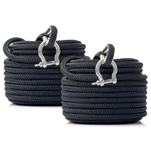 RainierSupplyCo 2 Pack Boat Anchor Rope - Double Braided Marine Rope Anchor Line - 50 ft x 1/4 Inch Nylon Boating Line with 316 Stainless Steel Thimble and Heavy Duty Marine Grade Bow Shackle - Black