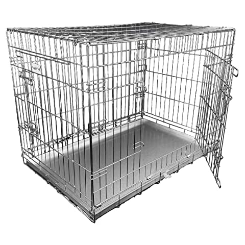 HugglePets Silver Dog Puppy Cage Metal Tray 2 Doors Dual Locks Foldable Carry Handle Lightweight (Large) Cover