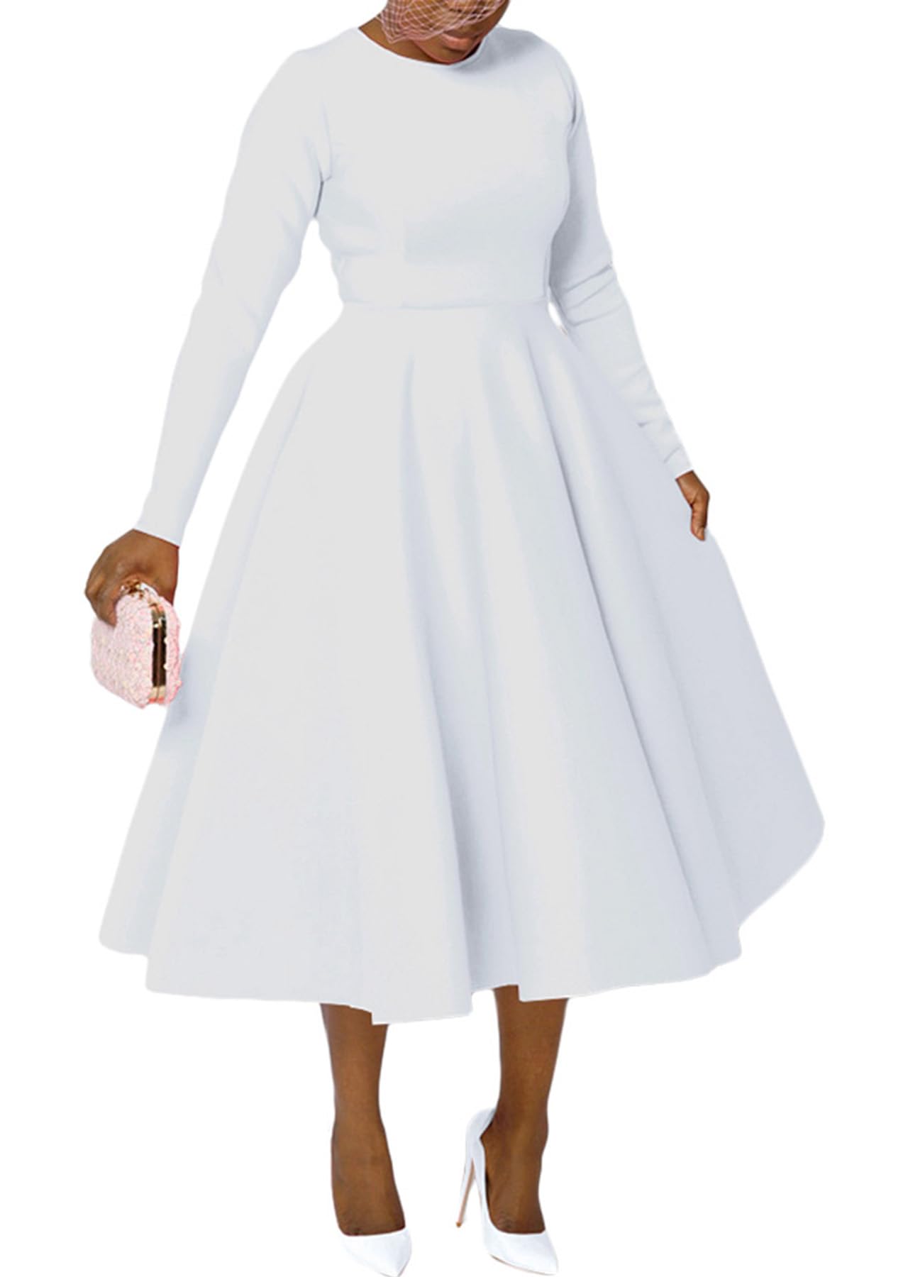 Famnbro Womens Vintage Cocktail Dresses 1950s Round Neck Long Sleeve A Line Formal Church Swing Maxi Dress