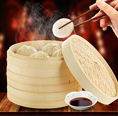 ANSNOW Bamboo Steamer, 3 Cages and 1 Lid Internal Depth 6Cm for Traditional Cooking for Rice Dim Sum Vegetables Meat and Fish Steamed/26Cm - Image 2