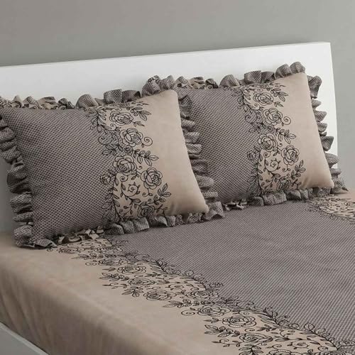 Image of Dream Weaverz- Polycotton Printed Double Bed Size Fitted Elastic Bedsheet,2 Pillow Cover,260 Thread (72 inch x 78 inchx7 inch) Home, Bedroom (Brown Beige, King)