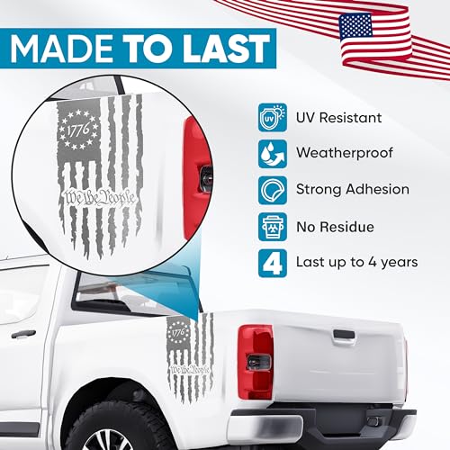 Image of GRITKULTURE We The People Distressed American Flag Decal Vinyl for Trucks, Cars, Tailgate, Windows Preamble of The US Constitution fits Most Pickup Trucks-Rear USA Flag Car Sticker (Reflective Silver)