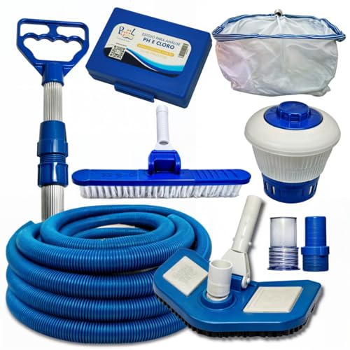 Kit Limpeza para Piscina, 6 Metros de Mangueira Flexível, Aspirador com 2 Ponteiras, Teste de PH e Cloro, Clorador Flutuante, Escova de Limpeza, Cabo de 2 Metros.