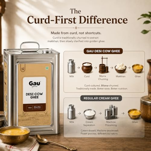 Image of Gau Organics Cow Ghee, Pure and Natural, Hand Made Curd Churned Desi Ghee, Gluten Free, Lactose- Free Cow Ghee, No Preservatives and Chemical-Free Organic Ghee Helps to Boost Immunity (5L)
