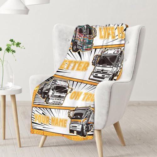 Personalized Truck Blanket Gifts with Name - 50x60 Inches Funny Throw Blanket for Boys & Kids - Black Soft Fuzzy Car Blankets for Bed, Couch & Living Room