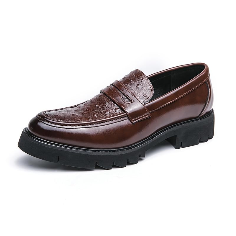 Santimon Men's Leather Platform Chunky Slip-On Penny Loafers Classic Round Toe Lug Sole Business Casual Formal Work Shoes