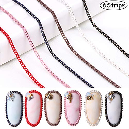 Nails Supply 3D Nail Accessory Chains for Women Nail Art Decoration Charms 6 Strips 50cm Mix Nail Punk Glitter Studs for Fingernails & Toenails Decor Manicure Wraps DIY Nail Design Metal Jewelry Tips