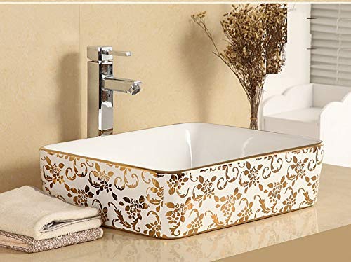 Zoyo Cera Imported Designer Table Top Ceramic Wash Basin Vessel Sink with Slim Rim | Beautiful Rectangle Shape Wash Basin (Designer Gold Wash Basin, 19 x 14 x 5 Inch) (Golden Flower) (B0CVFR46QH) Amazon Price History, Amazon Price Tracker