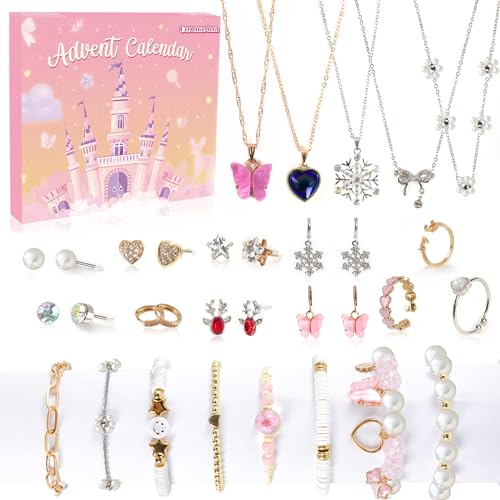 Calendario de Adviento de joyería 2025 para niñas con pulseras y anillos