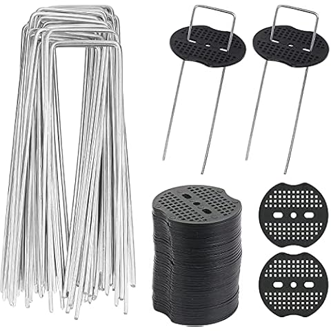 DKINY 40pcs Garden Pegs U-shaped Ground Pegs Stakes Staples Galvanized Metal Pins for Securing Weed Control Membrane Landscape Fabric Artificial Grass Fleece Sheeting with buffer Washers 6"/150mm Cover