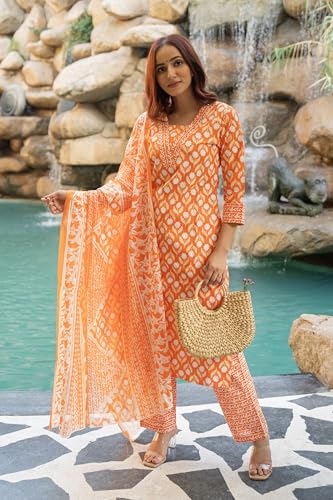 Image of MIRCHI FASHION Pure Cotton Women Straight Print & Thread Embroidery Kurti Set with Dupatta & Pant