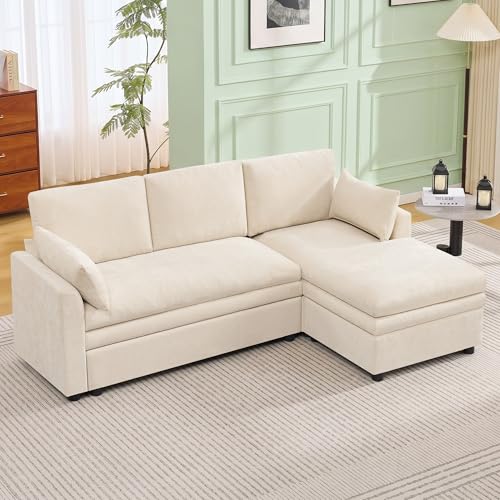 Image of 85 inch Sectional Couches with Right Chaise, Comfy Deep Dual-Layer Cushion Couch, 4 Seater L Shaped Couch, Modern Modular Sofa, Chenille Sofas for Living Room, Apartment, Beige