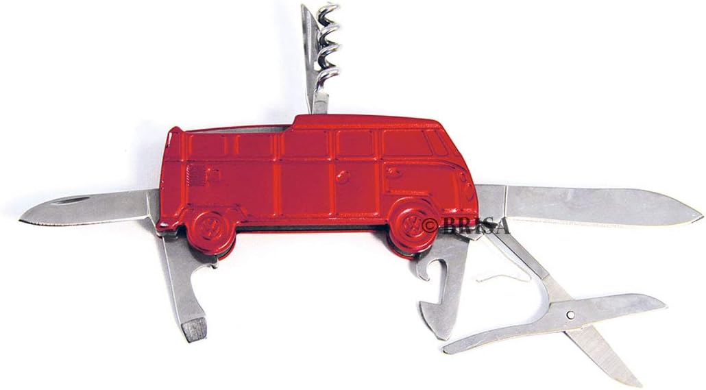 BRISAVW Collection - Volkswagen Multifunctional 3D Pocket Knife, File, Scissors, Bottle & Can Opener, Corkscrew in T1 Bus Design (Classic Bus/Red)