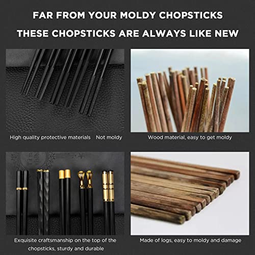 Kasos 5 Pairs Reusable Chopsticks Sushi Chopsticks, Alloy Chop Sticks Cutlery Black Matt, Non Slip Dinnerware Set, Dishwasher Safe Anime Chopsticks Chinese Fiberglass Chopsticks (Black Gold) #TOP1