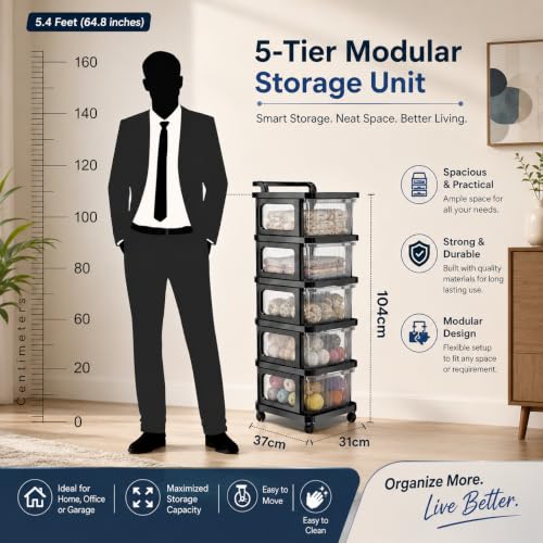 Image of Heavy Duty Plastic Storage Drawer with Wheels | Modular Cabinet for Bedroom, Office, Home or Classroom| Chest of Drawers Organiser for Cosmetics, Kitchen items, Toys (Transparent, 5)
