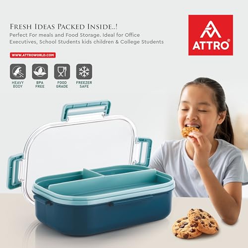 Image of ATTRO Carry Fresh Kids Plastic Lunch Box 3 Compartments & Fork, BPA-Free, Food-Grade, Ideal for School, Picnic, Travel & Outdoor Use- Blue, 500 ml