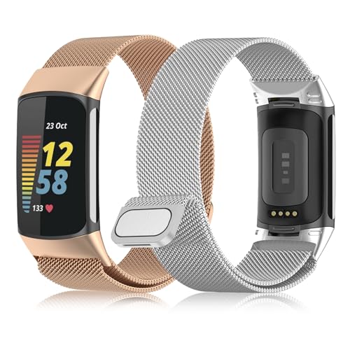ALULU Compatible con Fitbit Charge 6/Fitbit Charge 5 para hombre y mujer, 2 unidades, cierre magnético, correa de metal ajustable, correa de repuesto deportiva, oro champán y plata, Eine Grösse, Acero
