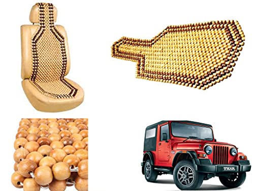 Image of Car Bead Seat Wooden Beads Cushion Cover Pad for Mahindra Thar, Acupressure Sitting Seat Cover | Cream Color - Pack of 1