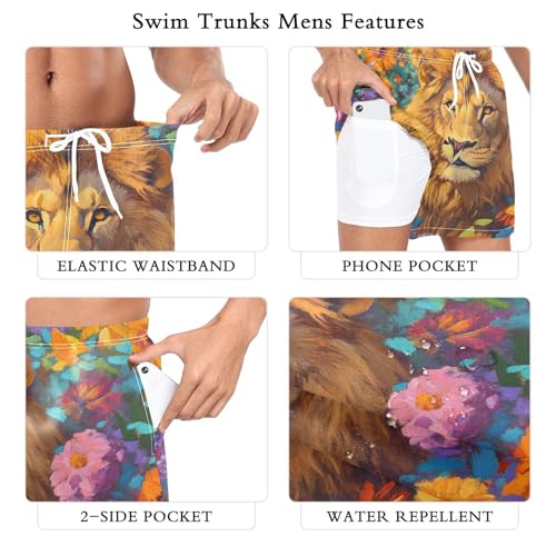 Mens Swim Trunks with Liner, Lion Head Garden Cool Quick Dry Beach Swim Shorts, Swimwear Bathing Suits S3
