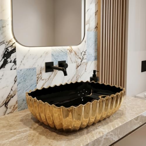 Image of Luxurious Golden Table Top for Bathroom /Ceramic Bathroom Wash Basin /Countertop Wash Basin /Vessel Sink (13x18 Inch)