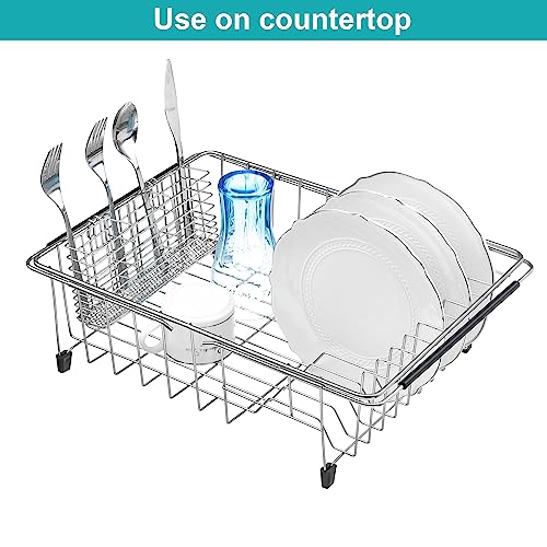 iPEGTOP Expandable Dish Drying Rack Over Sink, Rustproof Stainless Steel Dish Drying Rack Basket Shelf, Multifunctional Dish Drainer Organizer with Utensil Cutlery Holder
