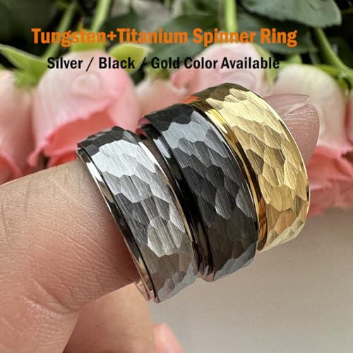 8mm Silver/Black/Gold Spinner Tungsten Titanium Fidget Rings for Men Women Anxiety Released Hammered Design Engagement Wedding Band Stepped Edges Comfort Fit2
