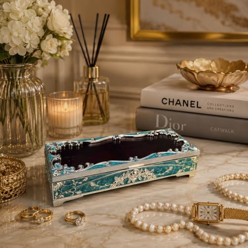 Image of Diviniti Premium Handcrafted Wedding Design 2-in-1 Decorative Storage Box with Lid, Blue | Multipurpose Home Decor Organizer for Jewelry, Keys, Chocolates, Keepsakes & Gift Decoration