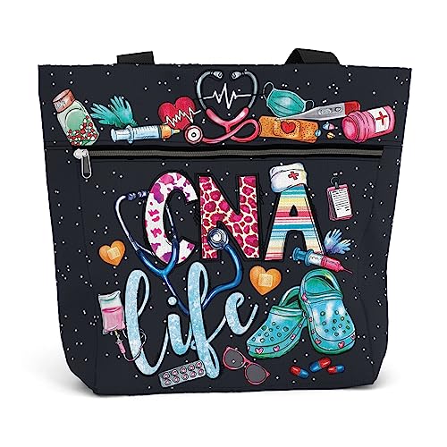84hoods 15 inch Large Tote Bag for Work for Women. Shoulder Bag Gift for CNA Nurse. Waterproof Cute Graphic Aesthetic Bag with Pockets and Zipper Galaxy Pattern.