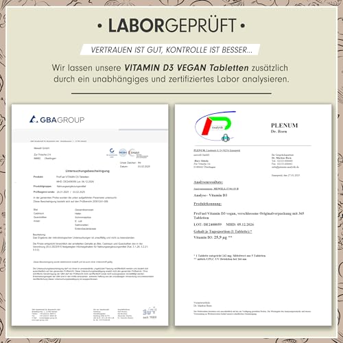 Vitamin D3 VEGAN 1000 IE - 365 Tabletten - Jahresvorrat Vitamin D3 - optimal hochdosiert mit Premium-Rohstoff RAWD3® - für Immunsystem und Knochen - laborgeprüft mit Zertifikat - 100% vegan