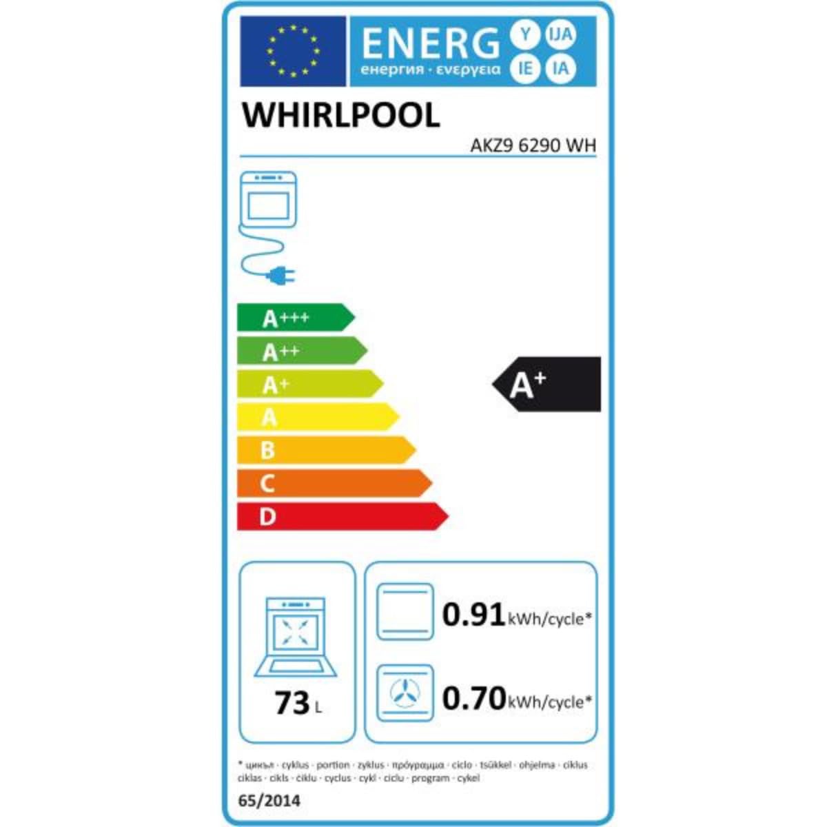 Four encastrable pyrolyse Whirlpool AKZ96290WH - Four pyrolyse Blanc - multifonction - Chaleur tournante ou pulsée - 73 litres - Porte froide (4 vitres) - Classe énergétique A+