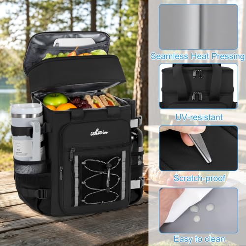 Image of Cooler Backpack, 40 Cans Insulated Lunch Backpack Picnic Backpack for Men&Women, Durable Cooler Bag with 2 Leak Proof Compartments for BBQ, Picnic, Camping, Lunch, Hiking, Beach, Black