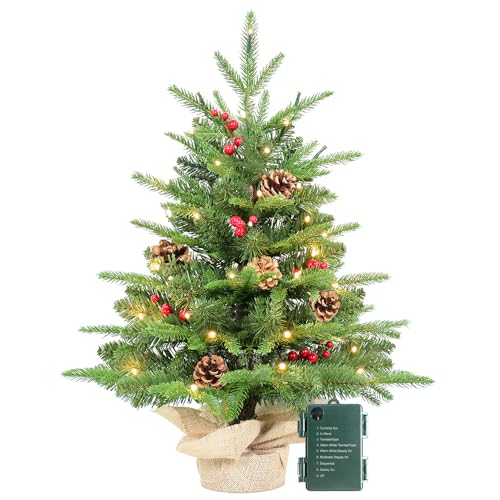 Kadunmina 2ft Pre-lit Table Top Christmas Tree, Small Artificial Xmas Tree with 50 LED Lights/177 PE&PVC Tips/Berries&Pinecones, 24 Inch Mini Tree with Burlap Base for Holiday Indoor Decor, 8 ...
