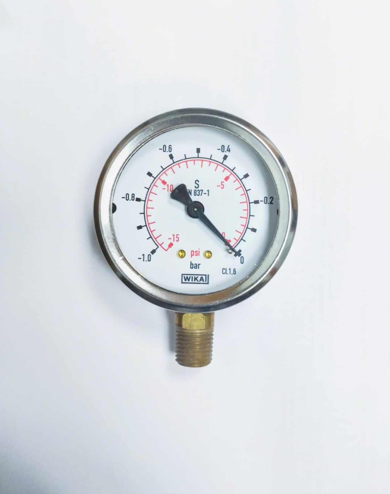Vaccum Pressure Gauge -1 bar & -15 psi 1/4" NPT Bottom WIKA
