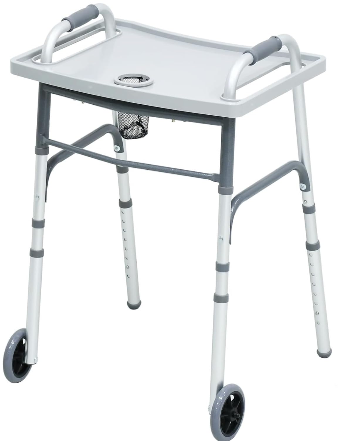 HEALTHLINE Folding Walker with 5" Front Wheels – Adjustable Height for Short, Standard, and Tall Adults – Includes Rear Glides, Optional Removable Tray (Check Package Contents Before Purchase)