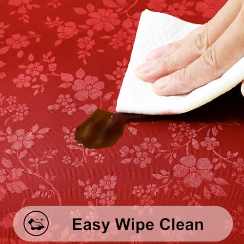 Image of Smiry Waterproof Heavy Duty Vinyl Fitted Tablecloth for 45 inch-56 inch Round Table | Elastic Plastic Table Cloth, Wipeable Washable Floral Patio Table Cover for Picnic, Kitchen and Dining, Red