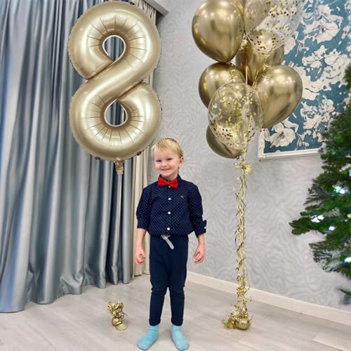 Image of Metallic Gold Number 8 Balloons, 40 Inch Giant Light Champagne Gold Mylar Foil Number 8 Ballon for Boy Girl, Self Inflating 8th Birthday Helium Balloon for Women Anniversary Party Decorations Supplies