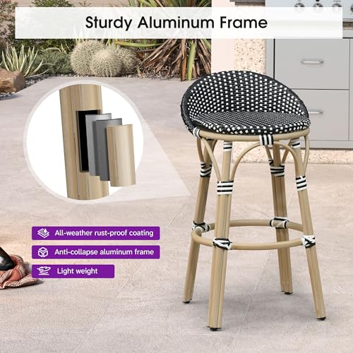 Image of PURPLE LEAF Patio Oversized Backrest Bar Height Stool Set of 1 Outdoor Round Barstools Aluminum Frame in Champagne Finish Woven Rattan for Indoor Kitchen Dining Bistros Cafe Restaurant Black