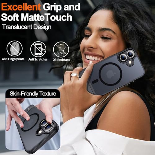 Image of Elzzi Translucent Matte Kickstand Compatible with Mag-Safe Case for iPhone 17, Built-in Adjustable Camera Stand, Magnetic Mag-Safe Shockproof Phone Cover (Black)