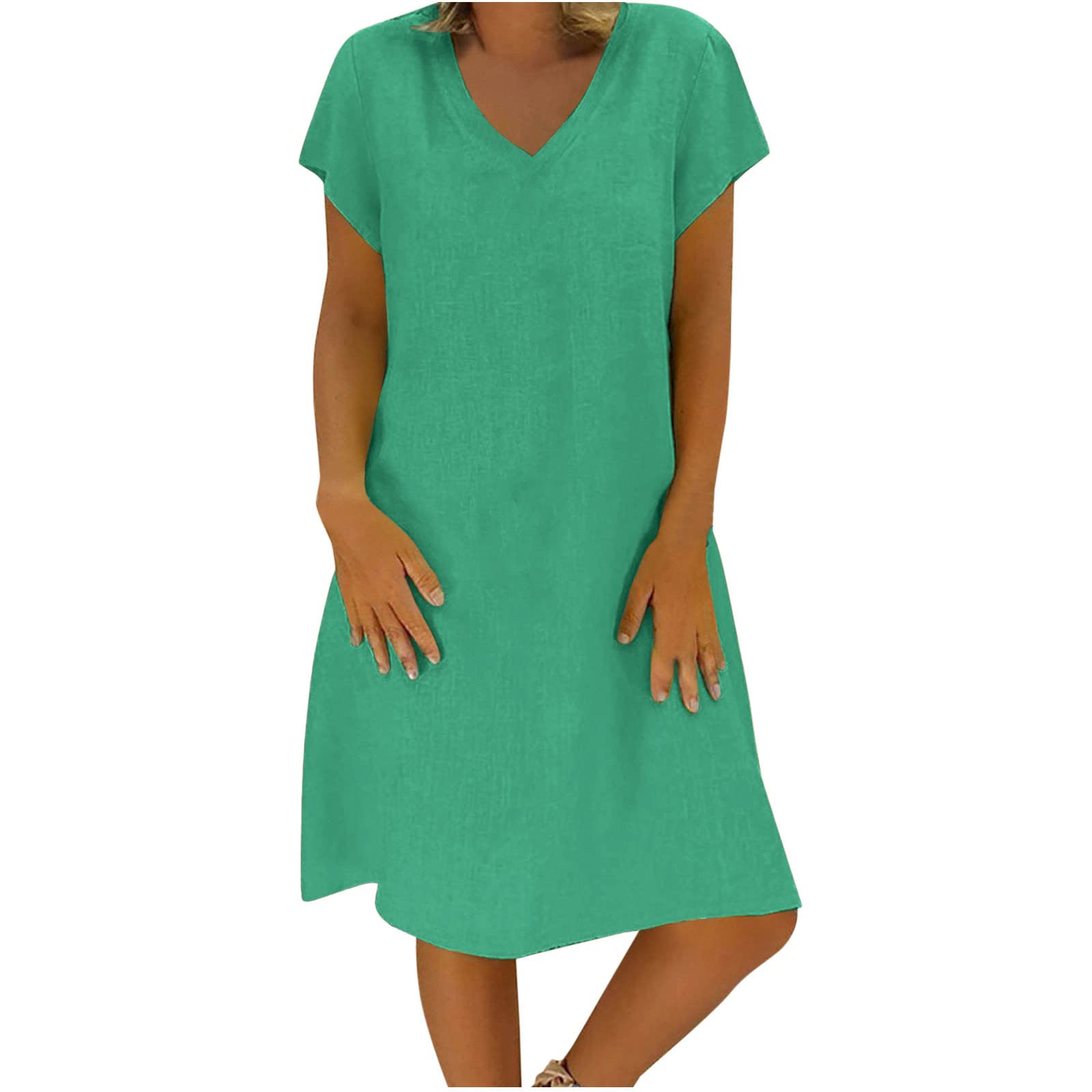 NUSGEAR 2024 Vestidos Corto Mujer Algodón y Lino Vestido Verano Basico Vestidos Casual Cuello en V Vestidos Color sólido Elegante Vestido Manga Corta Vestido Cómodo Playa Talla Grande Vacaciones